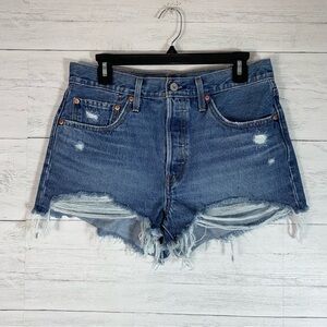Levis 501 Cut Off Denim Shorts Womens 30 Blue Medium Wash Button Fly Distressed